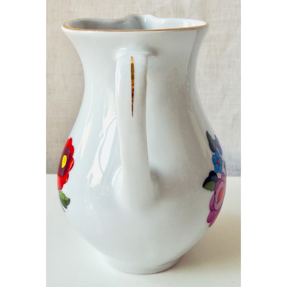 Vintage Kalocsa Hungary Hand-painted Porcelain Pitcher Folk Art Floral Gold Trim - Picture 9 of 12